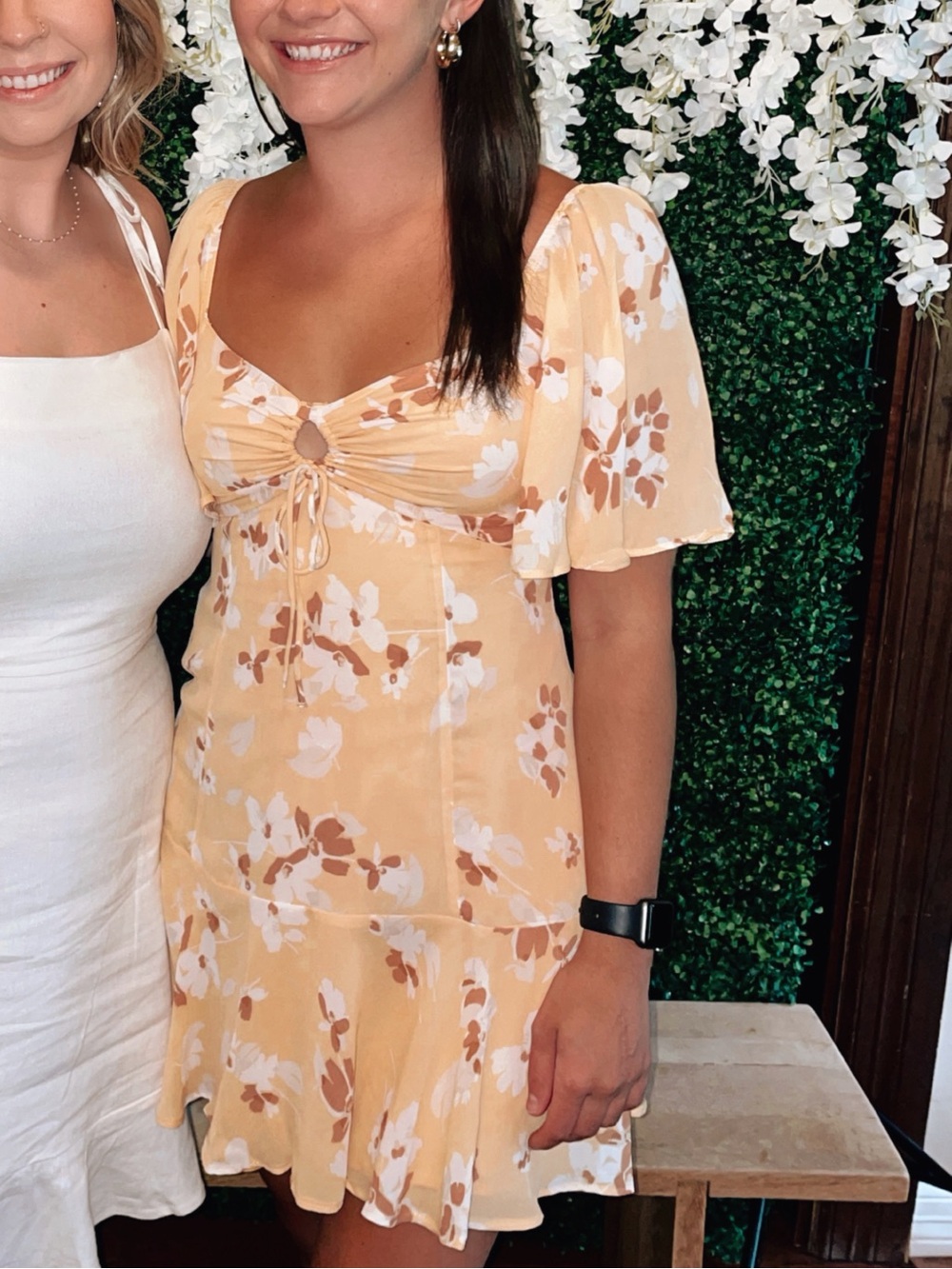 Floral Tie-Front Short Sleeve Mini Dress - Yellow/ Orange Floral